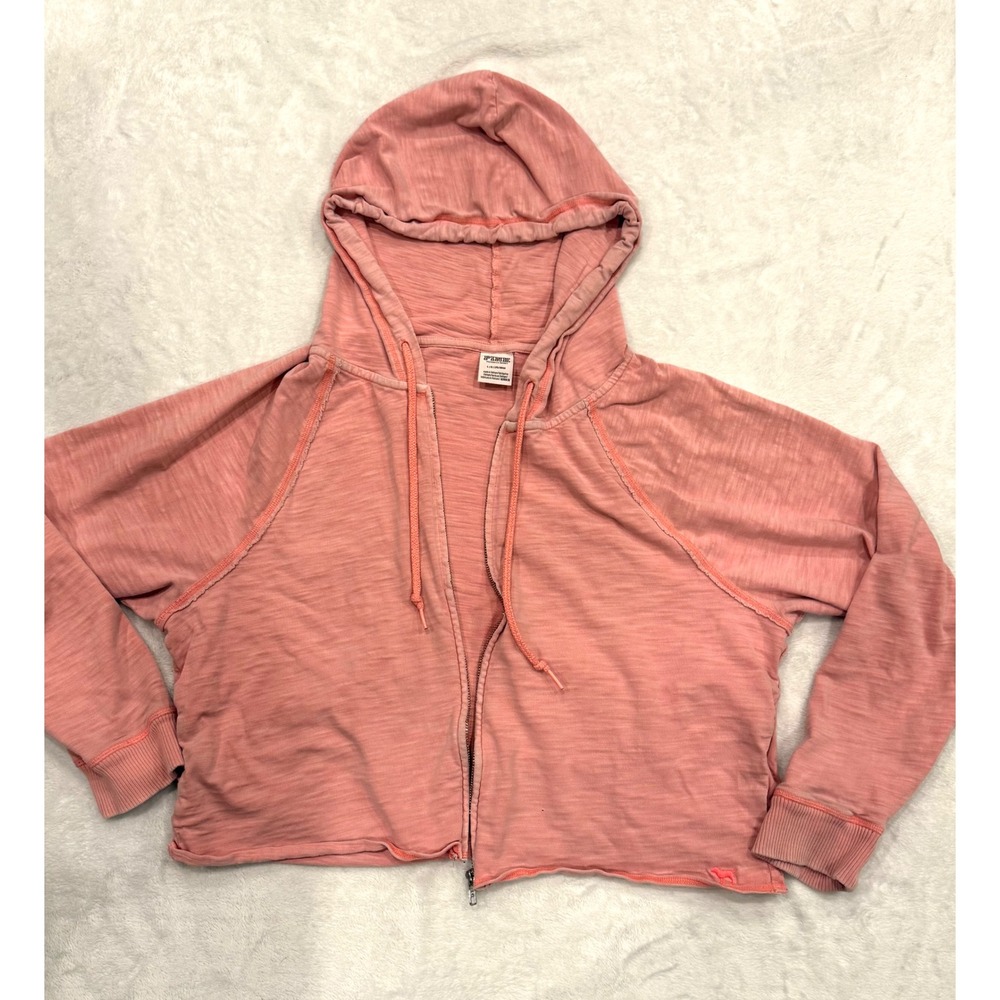 Pink Victoria's Secret Full Zip Hoodie L Coral Slub Knit Cropped Raw Hem Sweater
